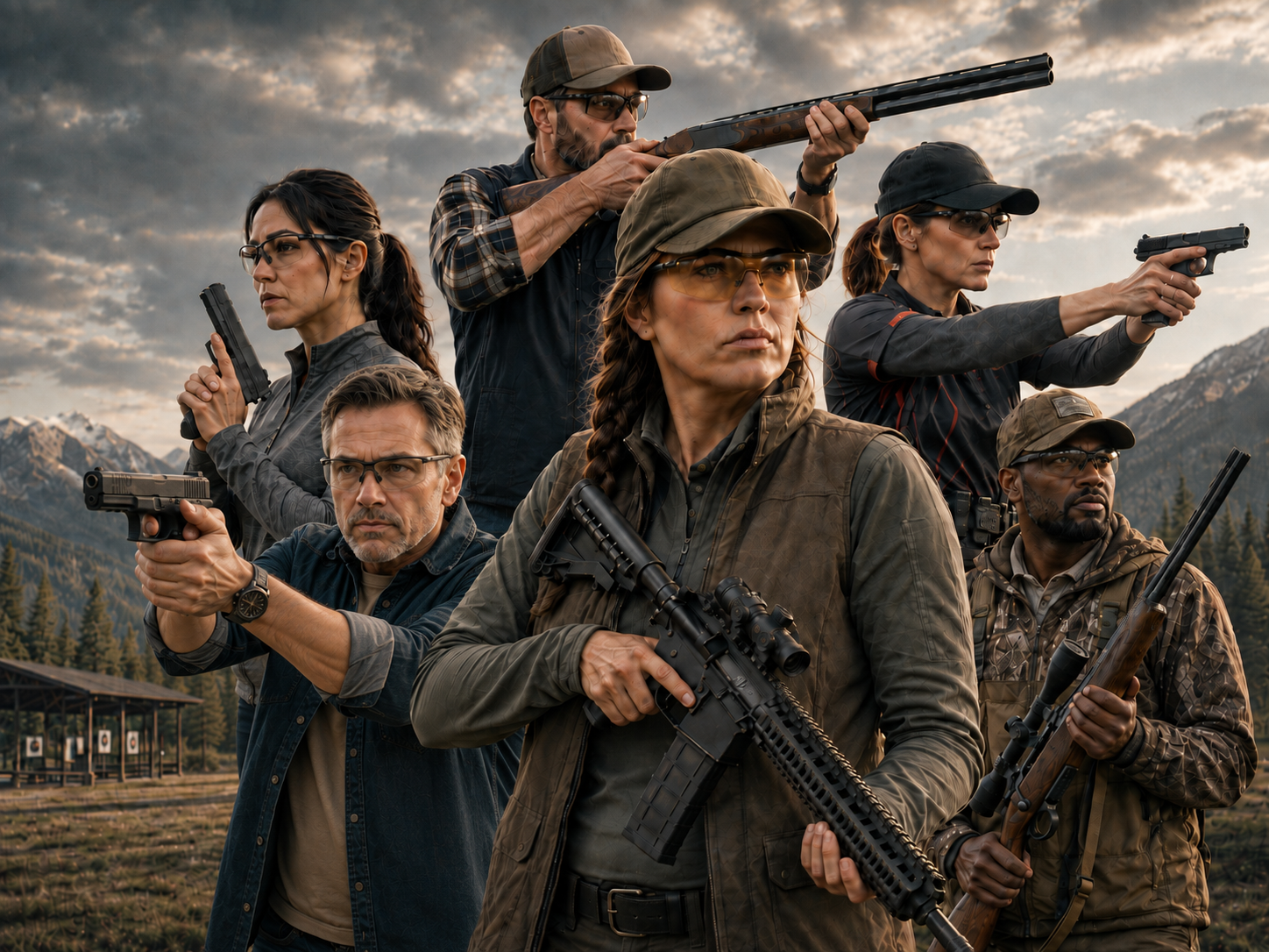 A cinematic group portrait of sport shooters and hunters at a mountain range, with a civilian shooter in a high-ready stance